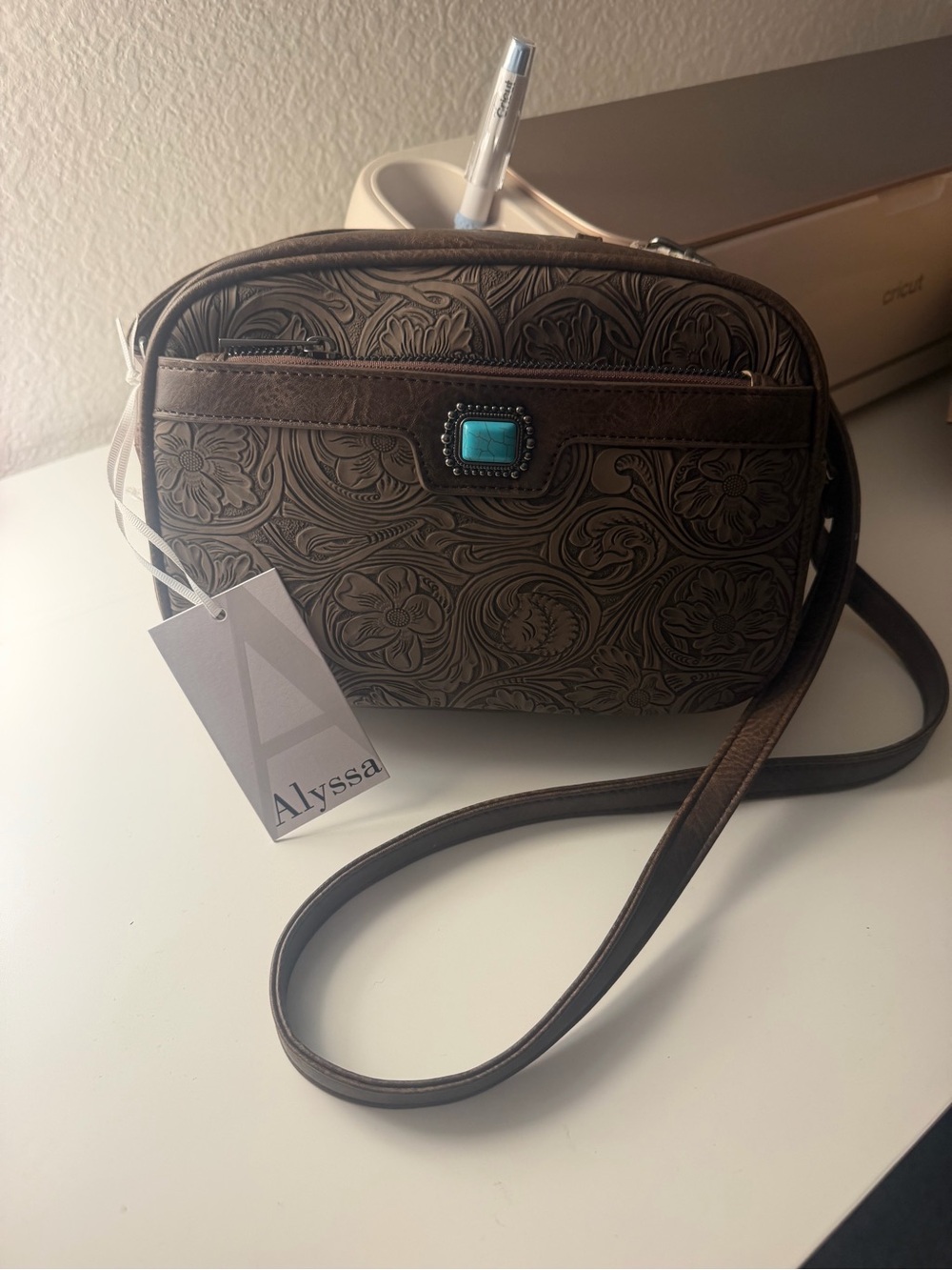 Alyssa Brown Floral Tooled Crossbody with Turquoise Accent